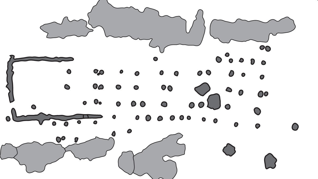 So stellt sich ein ehemaliges  linienbandkeramisches Langhaus auf einer Ausgrabung dar: Sowohl die ehemaligen Pfosten als auch die seitlichen Langgruben sind gut erkennbar. © Landesamt für Denkmalpflege und Archäologie Sachsen-Anhalt.